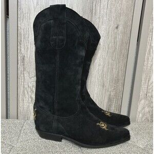 El Vaquero Suede Boots Size 39.5 Black with Gold Embroidery Made Italy NEW